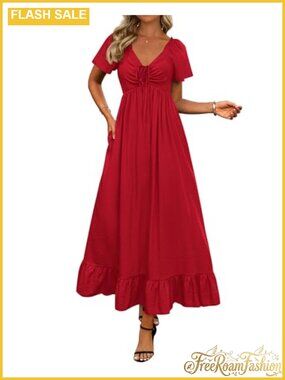 Womens Summer Maxi Dress V Neck Smocked Back Ruffle A-Line Wedding Guest